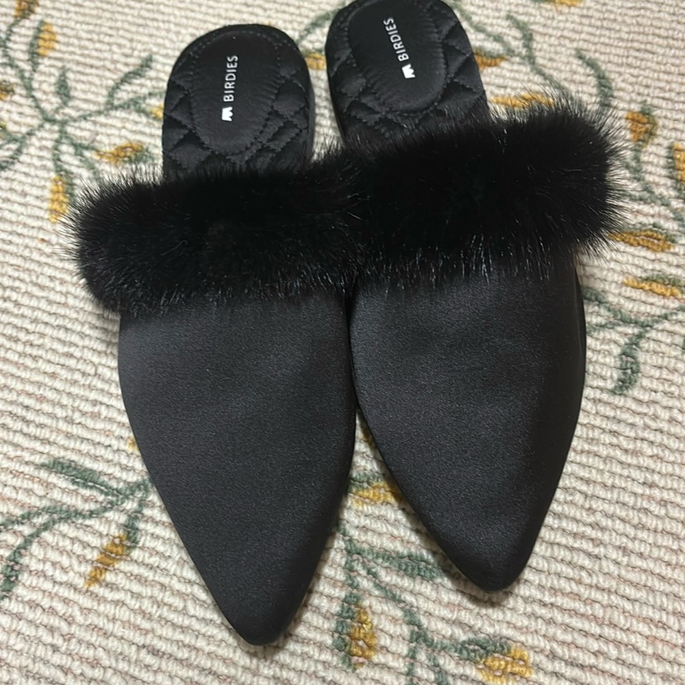 Birdies The Dove Onyx Black‎ Womens Slip On Mink Fur Pointed Toe Mules.